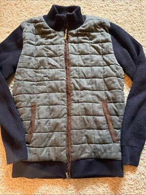 Spada Quilted Olive Green Front Zip Jacket with Navy Knit